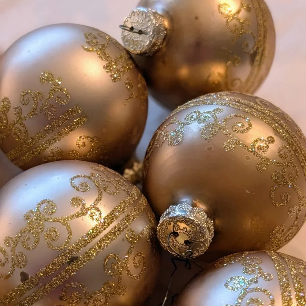 VTG Lot of 14 Rauch Glass Ornaments Champagne Gold Scroll Medium USA Christmas - Picture 6 of 8